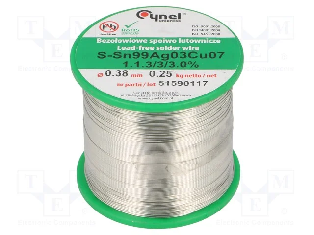 Arame de Solda, Sn99ag0,3cu0,7, 380um, 250g, Sem Chumbo, Bobina