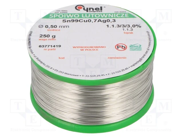 Arame de solda, Sn99Ag0,3Cu0,7, 500um, 250g, sem .