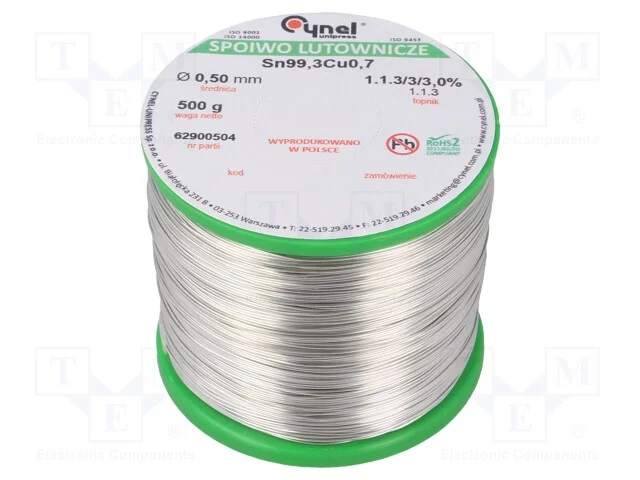 Arame de solda, Sn99Ag0,3Cu0,7, 500um, 500g, sem .