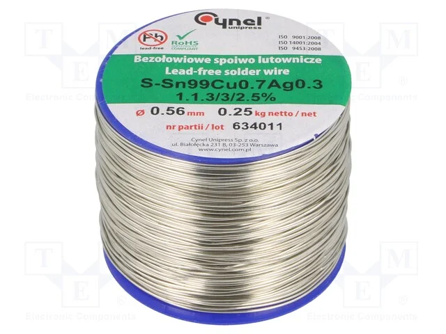 Arame de Solda, Sn99ag0,3cu0,7, 0,56mm, 250g, Sem Chumbo, Bobina