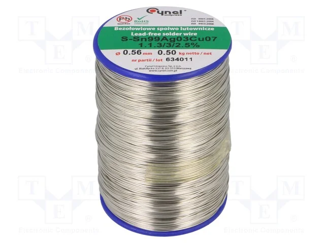Arame de solda, Sn99Ag0,3Cu0,7, 560um, 500g, sem .
