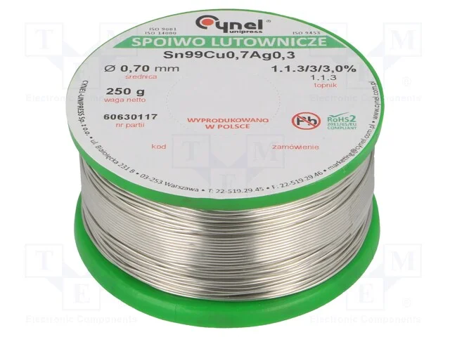 Arame de solda, Sn99Ag0,3Cu0,7, 700um, 250g, sem .