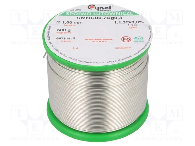 Arame de solda, Sn99Ag0,3Cu0,7, 1mm, 500g, sem ch.