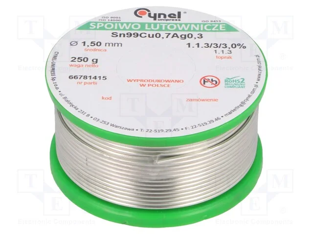 Arame de solda, Sn99Ag0,3Cu0,7, 1,5mm, 250g, sem .