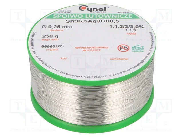 Arame de solda, Sn96,5Ag3Cu0,5, 250um, 250g, sem .