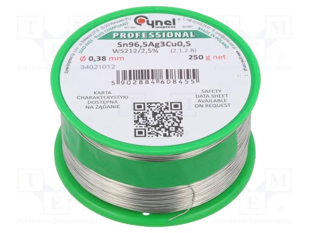 Arame de Solda, Sn96,5ag3cu0,5, 0,38mm, 250g, Sem Chumbo, Bobina