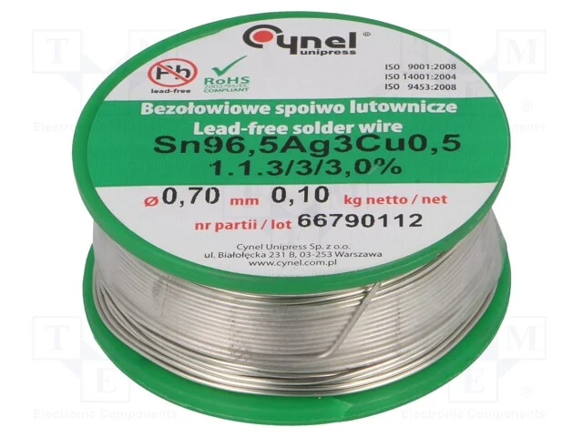 Arame de solda, Sn96,5Ag3Cu0,5, 700um, 100g, sem .
