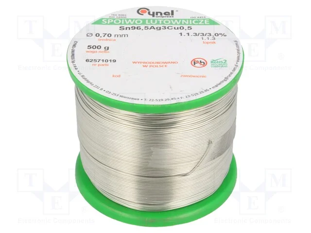 Arame de solda, Sn96,5Ag3Cu0,5, 700um, 500g, sem .