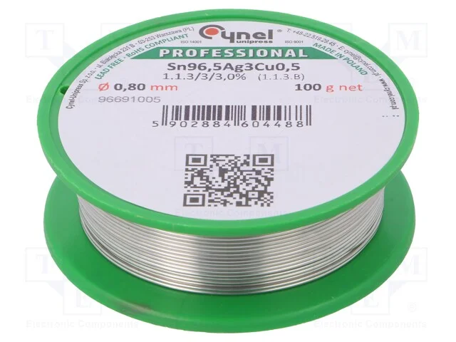 Arame de solda, Sn96,5Ag3Cu0,5, 0,8mm, 100g, sem .