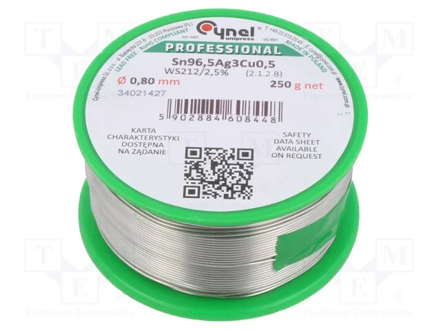 Arame de Solda, Sn96,5ag3cu0,5, 0,8mm, 250g, Sem Chumbo, Bobina