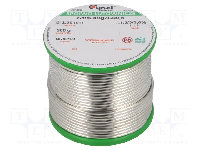 Arame de solda, Sn96,5Ag3Cu0,5, 2mm, 500g, sem ch.
