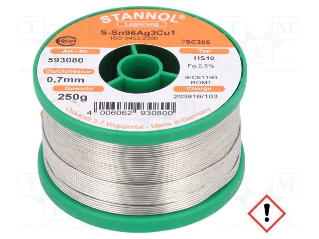 Arame de Solda, Sn96ag3cu1, 0,7mm, 0,25kg, Sem Chumbo, Bobina