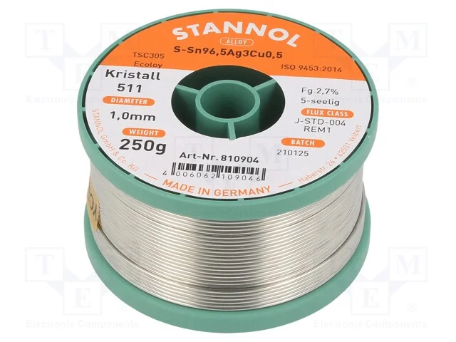 Arame de Solda, Sn96,5ag3cu0,5, 1mm, 0,25kg, Sem Chumbo, Bobina