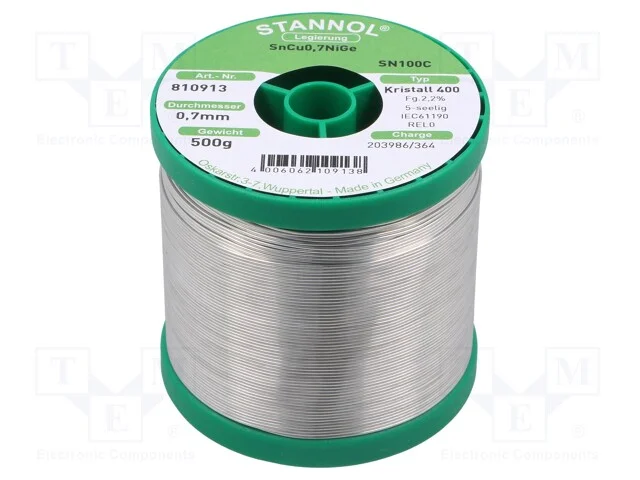 Arame de Solda, Sn99,3cu0,7+Nige, 0,7mm, 0,5kg, Sem Chumbo, 227c