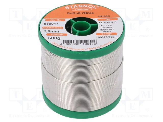 Arame de Solda, Sn99,3cu0,7+Nige, 1mm, 0,5kg, Sem Chumbo, Bobina