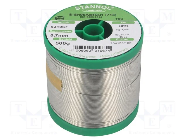 Arame de solda, Sn95,5Ag3,8Cu0,7, 0,7mm, 0,5kg, s.