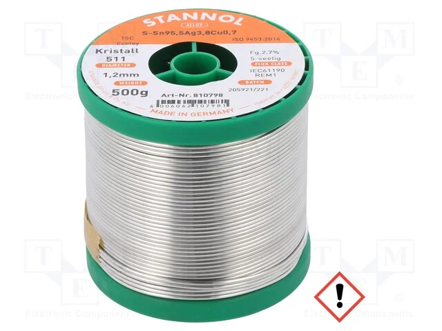 Arame de Solda, Sn95,5ag3,8cu0,7, 1,2mm, 0,5kg, Sem Chumbo, 217c