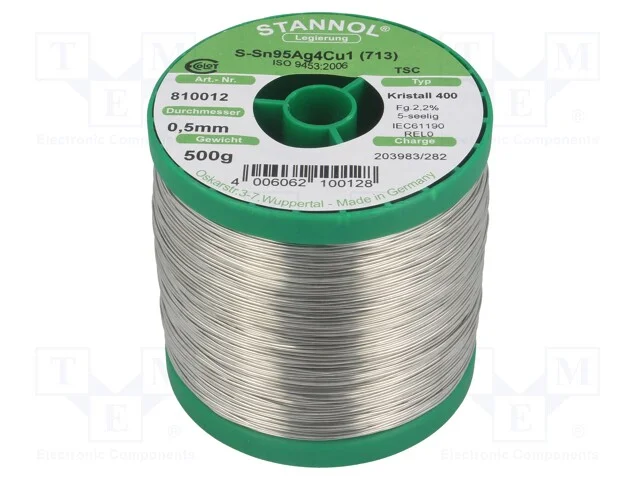 Arame de solda, Sn95,5Ag3,8Cu0,7, 500um, 0,5kg, s.