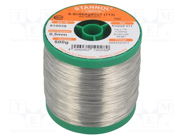 Arame de Solda, Sn95,5ag3,8cu0,7, 500um, 0,5kg, Sem Chumbo, 217c