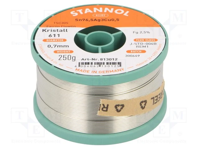 Arame de solda, Sn96,5Ag3Cu0,5, 0,7mm, 250g, sem .