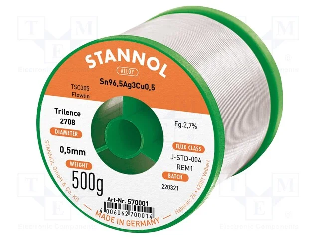 Arame de Solda, Sn96,5ag3cu0,5, 0,5mm, 500g, Sem Chumbo, Bobina