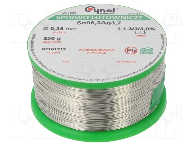 Arame de Solda, Sn96,3ag3,7, 0,38mm, 0,25kg, Sem Chumbo, Bobina