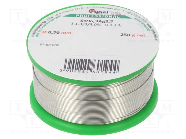 Arame de solda, Sn96,3Ag3,7, 0,7mm, 0,25kg, sem c.