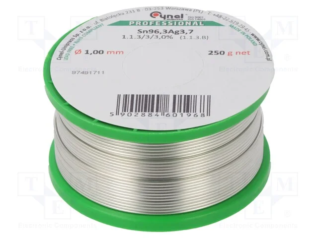 Arame de Solda, Sn96,3ag3,7, 1mm, 0,25kg, Sem Chumbo, Bobina, 3%