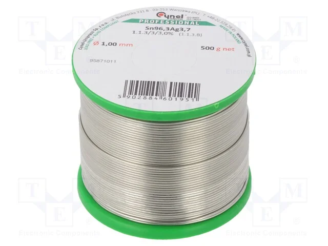 Arame de Solda, Sn96,3ag3,7, 1mm, 0,5kg, Sem Chumbo, Bobina, 3%