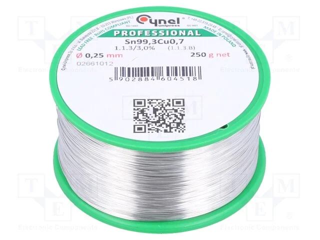 Arame de Solda, Sn99,3cu0,7, 0,25mm, 250g, Sem Chumbo, Bobina
