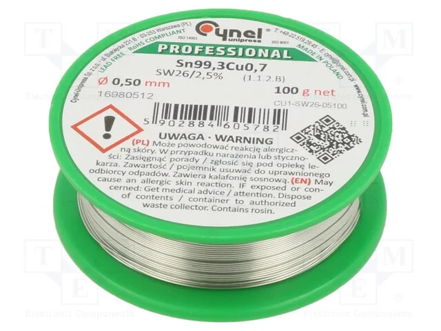 Arame de Solda, Sn99,3cu0,7, 0,5mm, 100g, Sem Chumbo, Bobina, 2,5%