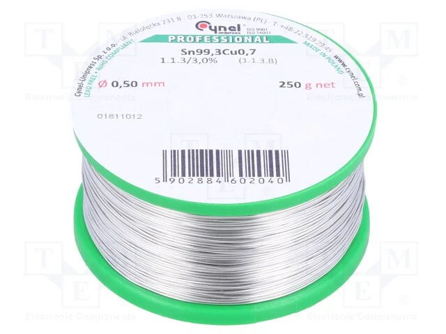 Arame de Solda, Sn99,3cu0,7, 0,5mm, 250g, Sem Chumbo, Bobina, 3%