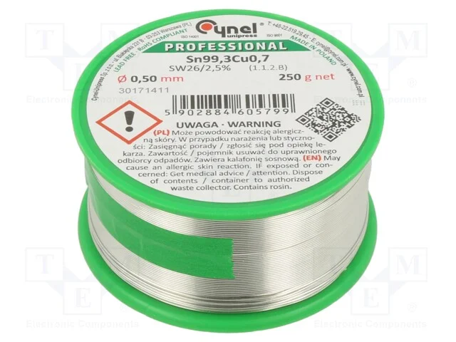 Arame de Solda, Sn99,3cu0,7, 0,5mm, 250g, Sem Chumbo, Bobina, 2,5%