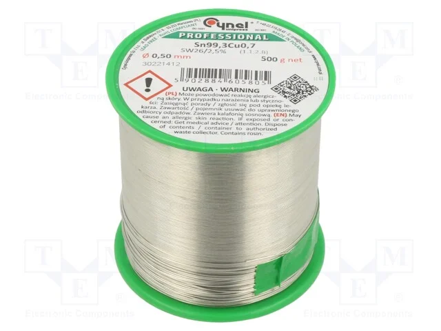 Arame de Solda, Sn99,3cu0,7, 0,5mm, 500g, Sem Chumbo, Bobina, 2,5%