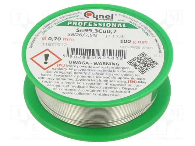 Arame de solda, Sn99,3Cu0,7, 0,7mm, 100g, sem chu.