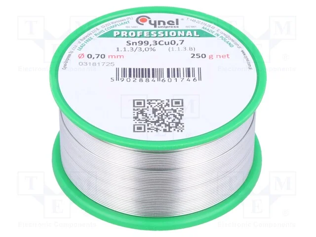 Arame de solda, Sn99,3Cu0,7, 0,7mm, 250g, sem chu.