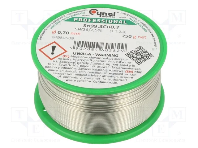 Arame de Solda, Sn99,3cu0,7, 0,7mm, 250g, Sem Chumbo, Bobina, 2,5%