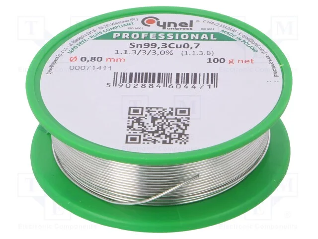 Arame de solda, Sn99,3Cu0,7, 0,8mm, 100g, sem chu.