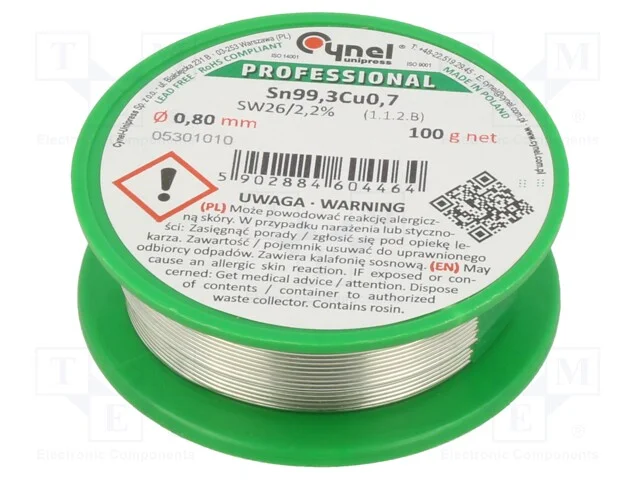 Arame de solda, Sn99,3Cu0,7, 0,8mm, 100g, sem chu.
