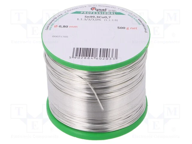 Arame de solda, Sn99,3Cu0,7, 0,8mm, 500g, sem chu.