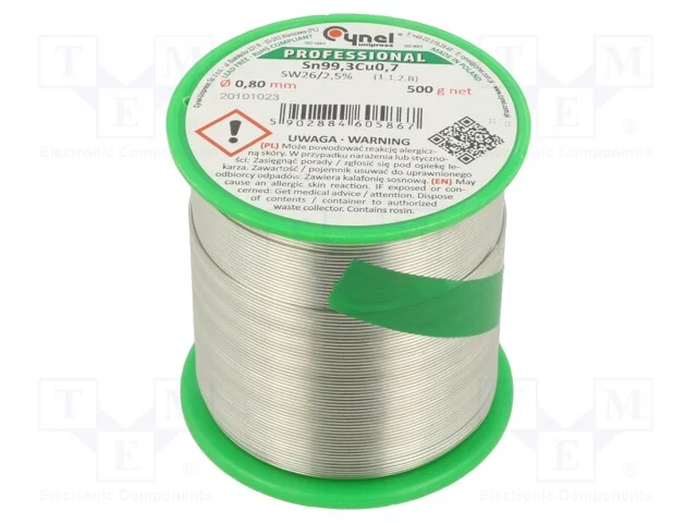 Arame de Solda, Sn99,3cu0,7, 0,8mm, 500g, Sem Chumbo, Bobina, 2,5%