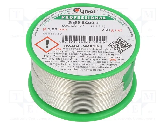 Arame de Solda, Sn99,3cu0,7, 1mm, 250g, Sem Chumbo, Bobina, 227c