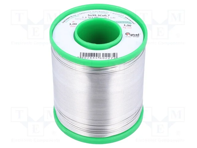 Arame de solda, Sn99,3Cu0,7, 1mm, 1000g, sem chum.