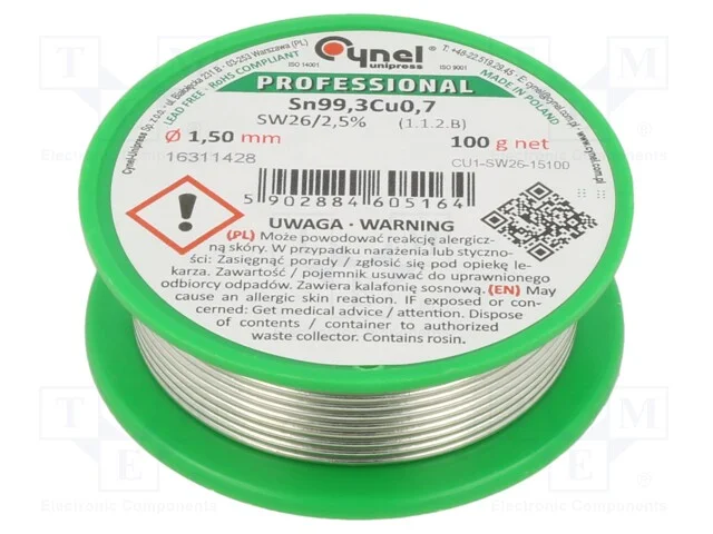 Arame de Solda, Sn99,3cu0,7, 1,5mm, 100g, Sem Chumbo, Bobina, 2,5%