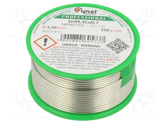 Arame de Solda, Sn99,3cu0,7, 1,5mm, 250g, Sem Chumbo, Bobina, 2,5%