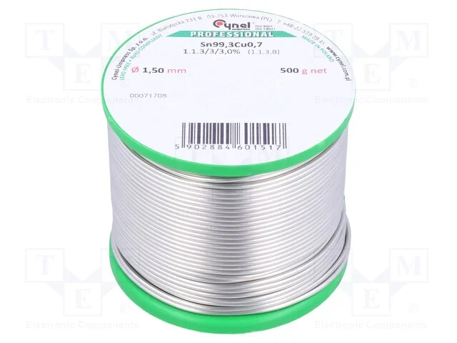 Arame de solda, Sn99,3Cu0,7, 1,5mm, 500g, sem chu.
