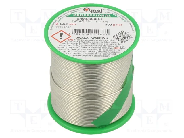 Arame de Solda, Sn99,3cu0,7, 1,5mm, 500g, Sem Chumbo, Bobina, 2,5%
