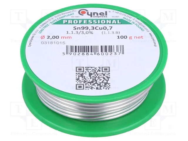 Arame de solda, Sn99,3Cu0,7, 2mm, 100g, sem chumb.