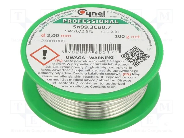 Arame de solda, Sn99,3Cu0,7, 2mm, 100g, sem chumb.