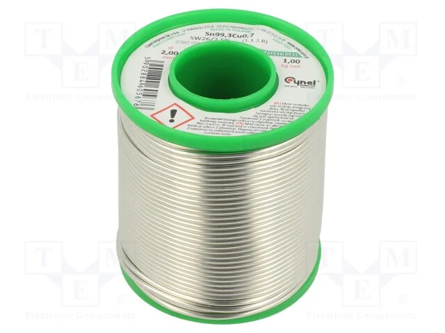 Arame de solda, Sn99,3Cu0,7, 2mm, 1000g, sem chum.